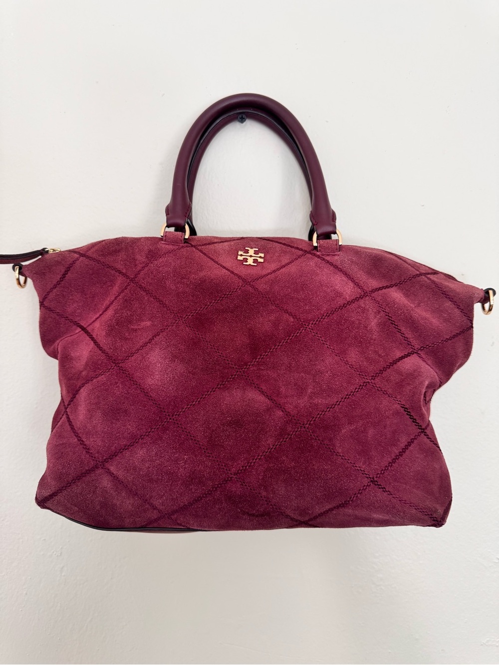 Tory Burch Burgundy Quilted Suede Tote with Gold Logo